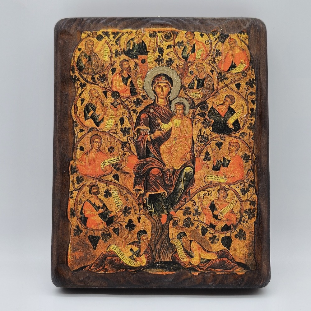 VTG Greek Orthodox Icon Tree of Jesse Virgin Mary Christ Paper on Wood Plaque